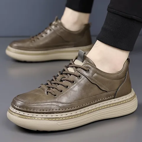 Men's Fashion Casual Microfiber Leather Board Shoes British Style Lightweight Wear Resistant Thick Sole Lace Up Sneakers