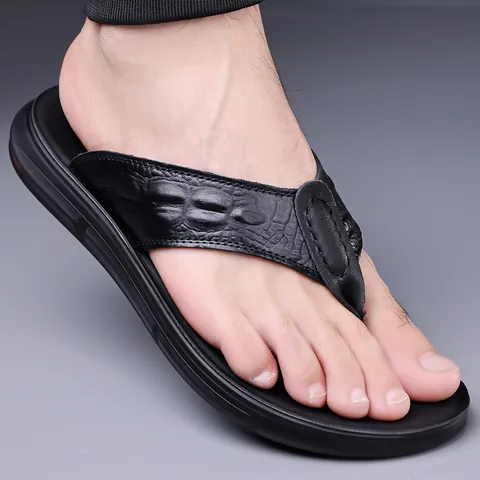 Men's Casual Leather Flip Flops Summer Crocodile Texture Beach Sandals Non-Slip Flat Flip-Flops For Outdoor Walking Wear
