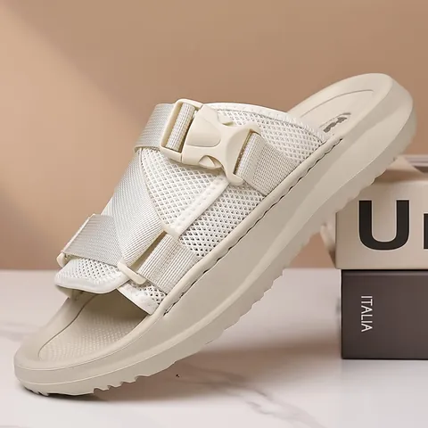 Men's Casual Mesh Slides Summer Outdoor Breathable Beach Sandals With Adjustable Buckle Soft Thick Sole Fashion Slippers