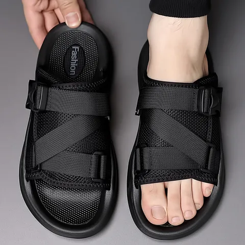 Men's Casual Mesh Slides Summer Outdoor Breathable Beach Sandals With Adjustable Buckle Soft Thick Sole Fashion Slippers