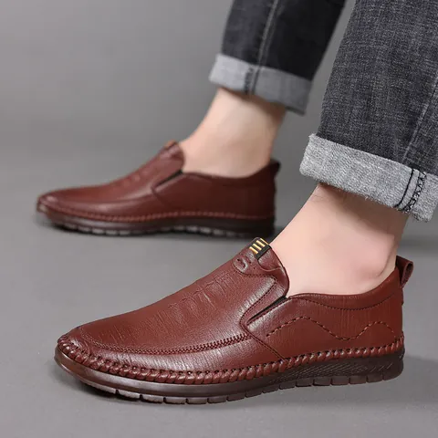 Men Casual Loafers Microfiber Leather Slip On Shoes Hand Stitched Non Slip Flat Driving Shoes For Dad Daily Wear