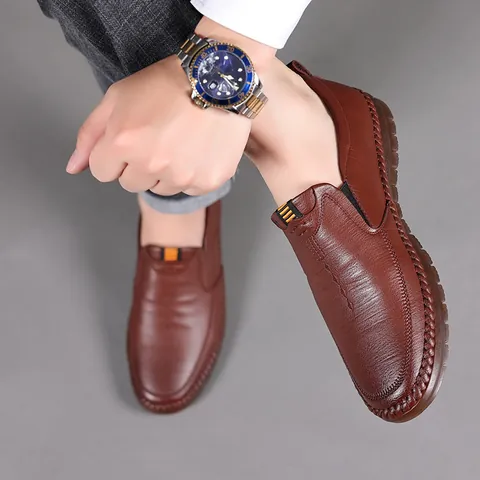 Men Casual Loafers Microfiber Leather Slip On Shoes Hand Stitched Non Slip Flat Driving Shoes For Dad Daily Wear
