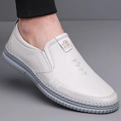 Men Business Casual Cowhide Leather Loafers Slip On Driving Shoes Soft Sole Breathable Lightweight Non Slip Flat Loafers