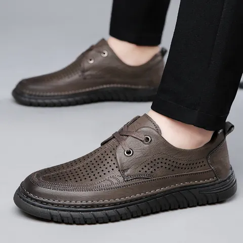 Herren Casual Rindsleder Schuhe Atmungsaktiv Ausschnitt Design Business Büro Flach Rutschfest Fahren Sandalen Schuhe Für Herren