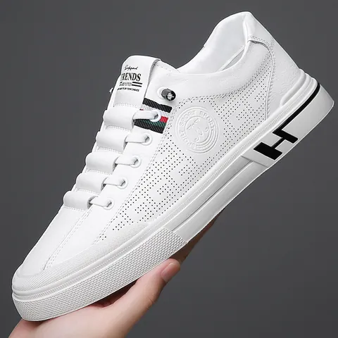 Men's Breathable Casual Board Shoes Synthetic Leather Perforated Sneakers With H Logo Ribbon Fashion Flat Low Top White Beige