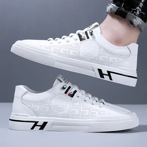Men's Breathable Casual Board Shoes Synthetic Leather Perforated Sneakers With H Logo Ribbon Fashion Flat Low Top White Beige