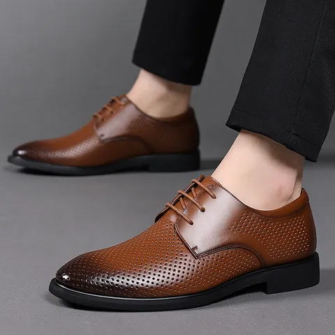 Scarpe Derby da Uomo Business Traspiranti Perforate in Vera Pelle di Vacchetta Punta Accuminata Stringate Formali per Matrimonio Ufficio