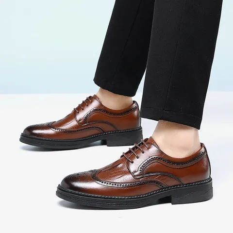 Men's Split Leather Brogue Shoes British Vintage Carved Crocodile Texture Business Formal Lace-up Oxford Shoes Wedding Dress Shoes