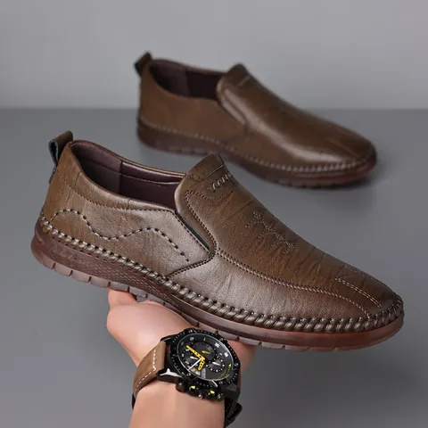 Zapatos Casuales de Cuero de Vaca para Hombre Transpirables Antideslizantes Mocasines Sin Cordones para Hombres de Mediana Edad
