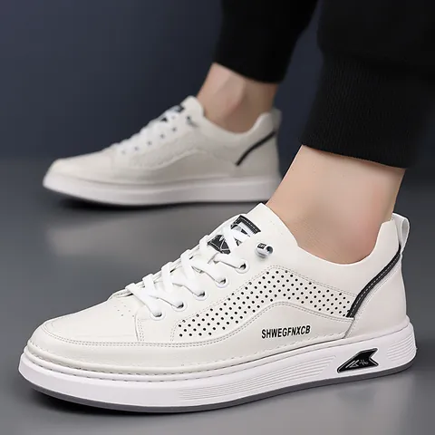Men's Casual Board Shoes Summer Breathable Perforated Microfiber Upper Soft Rubber Sole Slip On Lightweight Fashion Sneakers White Beige