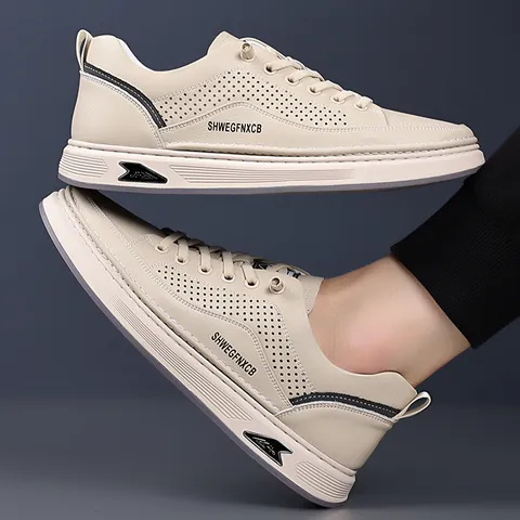 Men's Casual Board Shoes Summer Breathable Perforated Microfiber Upper Soft Rubber Sole Slip On Lightweight Fashion Sneakers White Beige