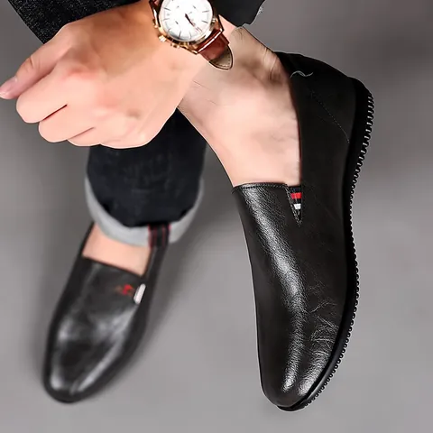 Men's Casual Cowhide Leather Loafers Slip-on Driving Shoes Soft Sole Breathable Anti-slip Business Casual Moccasins Shoes
