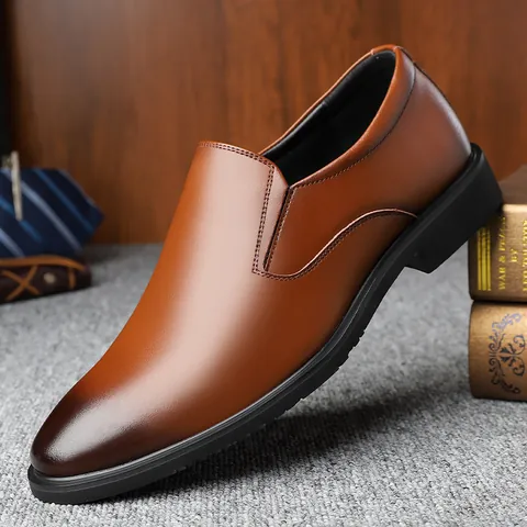 Men Business Formal Leather Shoes Slip On Loafers Second Layer Cowhide Breathable Non Slip Burnished Toe Wedding Office Shoes