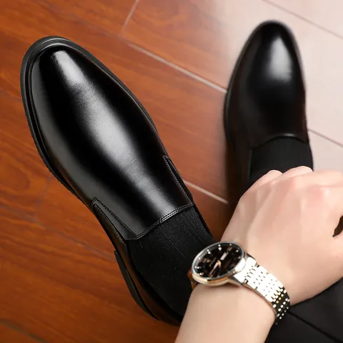 Men Business Formal Leather Shoes Slip On Loafers Second Layer Cowhide Breathable Non Slip Burnished Toe Wedding Office Shoes