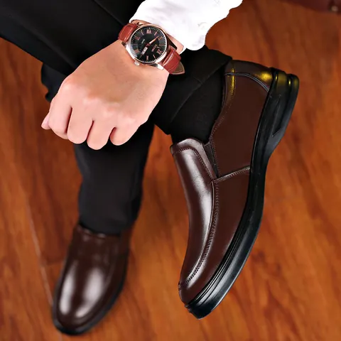 Mocasines de Cuero de Vaca Cálidos de Invierno para Hombre Con Forro de Piel Sintética Slip On Zapatos de Negocios Casuales Suela Blanda Antideslizante Negro Marrón