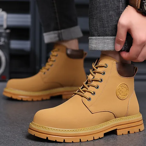 Men's Vintage Split Leather Martin Boots Winter Warm Fleece Lined Work Boots Non-Slip Rubber Sole Lace-Up Outdoor Casual