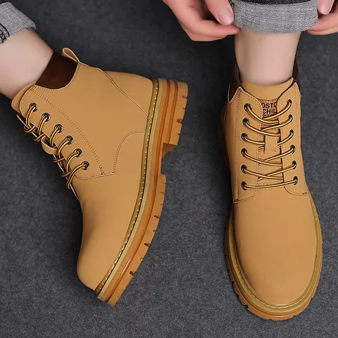 Men's Vintage Split Leather Martin Boots Winter Warm Fleece Lined Work Boots Non-Slip Rubber Sole Lace-Up Outdoor Casual