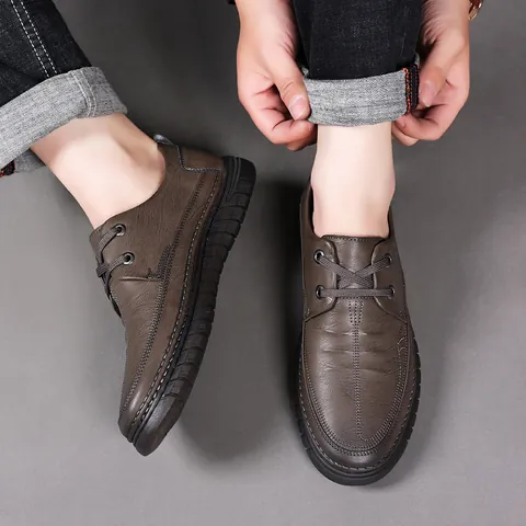 Men's Cowhide Leather Casual Shoes Breathable Business Non-slip Rubber Sole Lace-up Comfortable Fashion Walking Shoes For Men Khaki Black