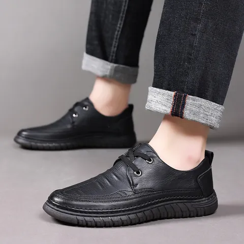 Men's Cowhide Leather Casual Shoes Breathable Business Non-slip Rubber Sole Lace-up Comfortable Fashion Walking Shoes For Men Khaki Black