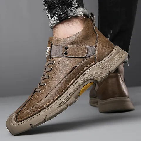 Men's Casual Cowhide Leather Boots Outdoor Non-slip Hiking Shoes With Warm Fleece Lining Mid Top Lace Up Fashion Footwear