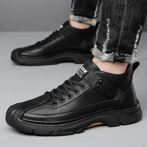 Men's Casual Cowhide Leather Boots Outdoor Non-slip Hiking Shoes With Warm Fleece Lining Mid Top Lace Up Fashion Footwear