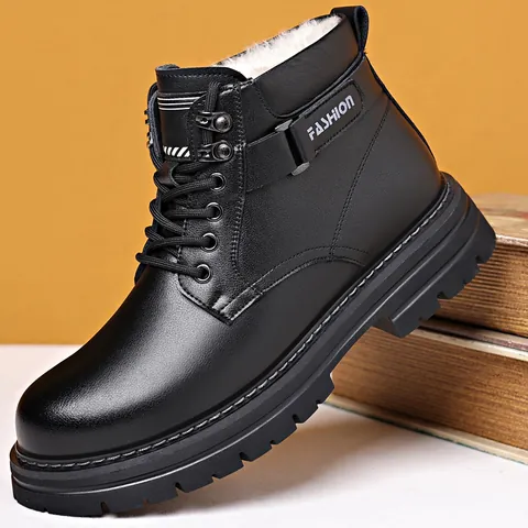 Men Winter Martin Boots British Style Fleece Lined Warm High Top Casual Leather Boots Non Slip Outdoor Fashion Work Boots