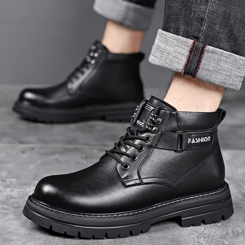 Men Winter Martin Boots British Style Fleece Lined Warm High Top Casual Leather Boots Non Slip Outdoor Fashion Work Boots