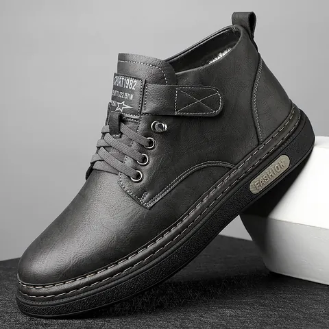 Men's Winter Warm Martin Boots Vintage British Style Work Leather Boots Fleece Lined Non-Slip Thick Sole Casual High Top Shoes