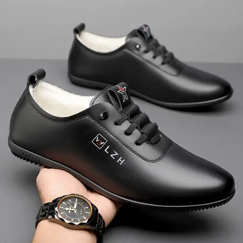 Men's Casual Microfiber Leather Shoes Breathable Soft Sole Driving Loafers Fleece Lining Warm Winter Sneakers For Men