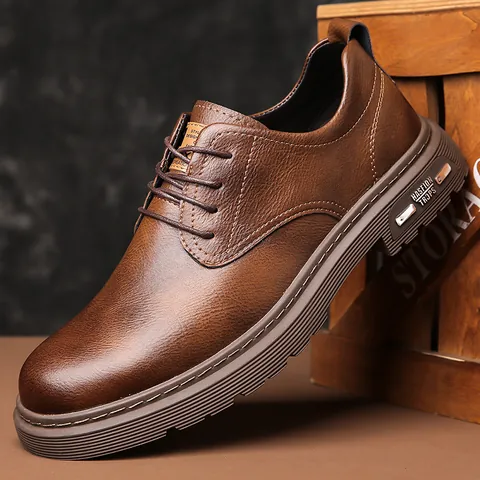 Men Business Casual Cowhide Leather Derby Shoes British Retro Non-slip Rubber Sole Breathable Formal Dress Footwear