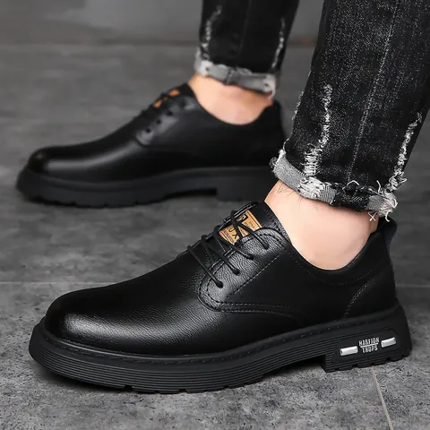 Men Business Casual Cowhide Leather Derby Shoes British Retro Non-slip Rubber Sole Breathable Formal Dress Footwear