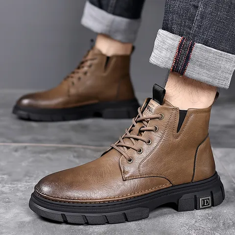 Men's British Style Martin Boots Winter Warm Plus Velvet Mid Top Work Boots Non-Slip Rubber Sole Split Leather Shoes