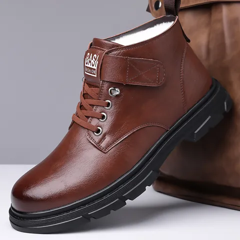 Men Winter Martin Boots Warm Fleece Lined High Top Snow Boots Waterproof Non-Slip Casual Leather Boots Outdoor Footwear