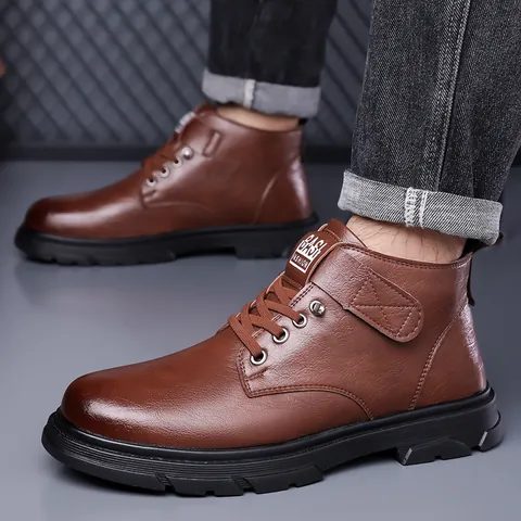 Men Winter Martin Boots Warm Fleece Lined High Top Snow Boots Waterproof Non-Slip Casual Leather Boots Outdoor Footwear