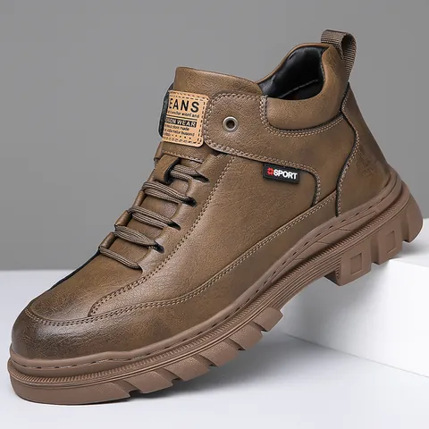 Men High Top Genuine Cowhide Leather Martin Boots Winter Plush Warm Anti Slip Outdoor Casual Fashion Lace Up Walking Shoes