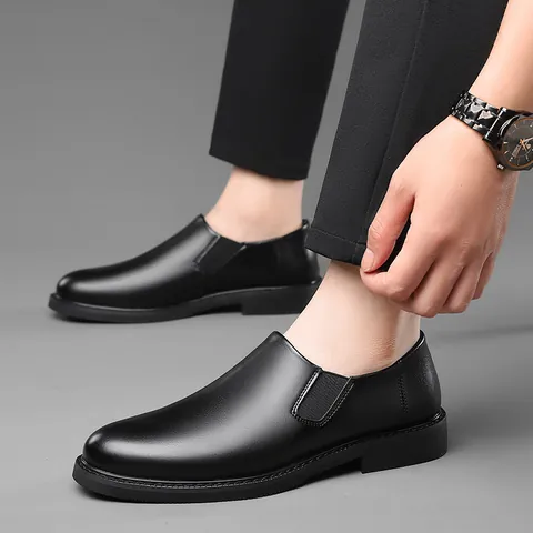 Men's Genuine Leather Business Casual Shoes British Style Slip-on Loafers Soft Sole Black Wedding Groom Formal Shoes