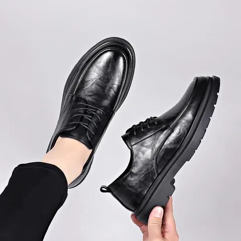 Men's Cowhide Leather Business Shoes British Style Lace-up Derby Shoes Anti-slip Thick Sole Breathable Formal Brogue Casual Shoes