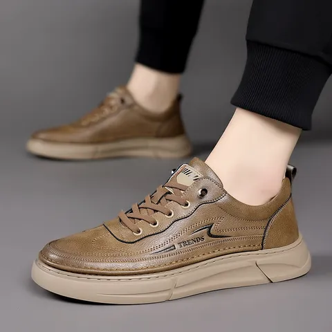 Men's Casual Board Shoes Split Cowhide Leather Slip On Sneakers Low Top Anti Slip Wear Resistant Daily Fashion Footwear