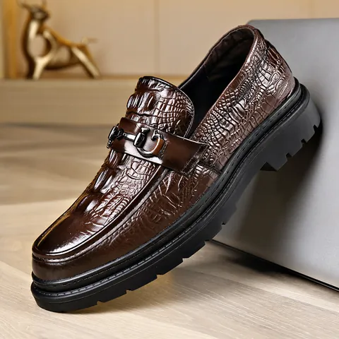 Mocasines de Cuero Formales de Negocios para Hombre Patrón de Cocodrilo en Relieve Zapatos de Vestir Sin Cordones con Bocado de Metal