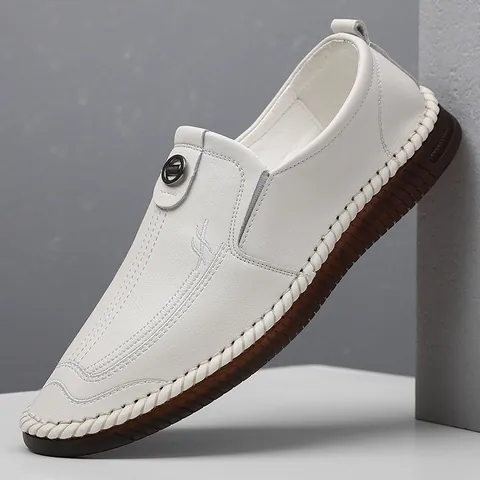 Men's Two-layer Cowhide Business Casual Loafers Slip-on Driving Shoes Flat Breathable Leather Shoes With Hand Stitching Metal Buckle Detail