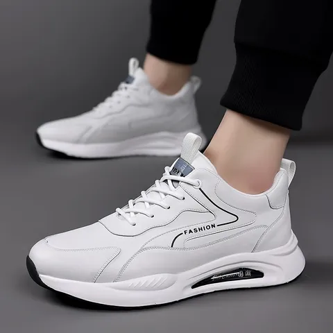 Men's Leather Casual Sneakers Fashion Trendy Dad Shoes Soft Sole Running Sport White Shoes Non-slip Breathable Footwear