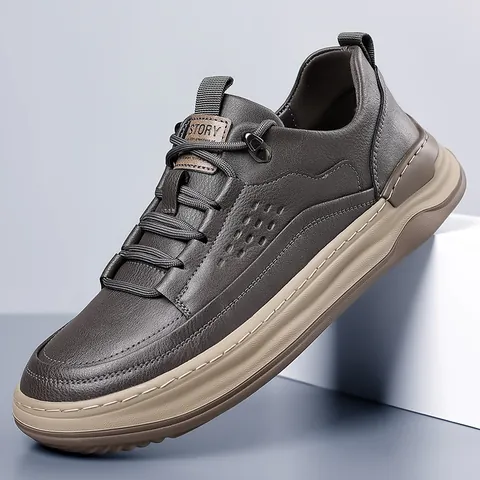 Men Fashion Casual Split Cowhide Leather Board Shoes Breathable Non-slip Thick Sole Sneakers With Stitching Details Trendy Low Top Footwear