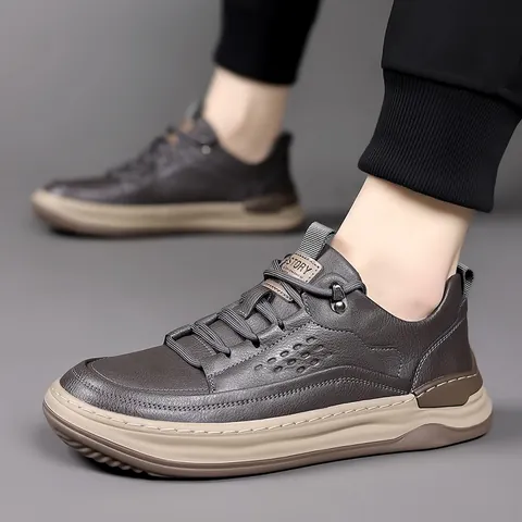 Men Fashion Casual Split Cowhide Leather Board Shoes Breathable Non-slip Thick Sole Sneakers With Stitching Details Trendy Low Top Footwear