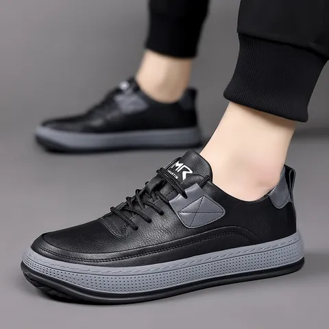 Men Casual Board Shoes Split Leather Breathable Fashion Sneakers Thick Sole Anti Slip Low Top Walking Shoes Daily Wear