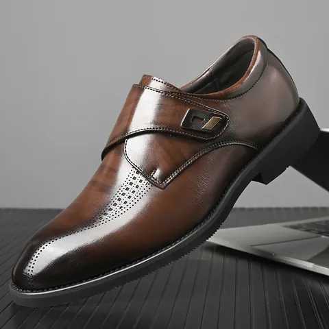 Men's Monk Strap Business Leather Shoes British Style Brogue Formal Dress Shoes Slip On Office Casual Shoes For Men