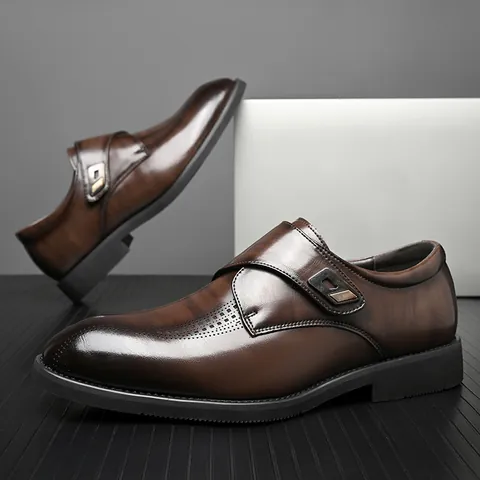 Men's Monk Strap Business Leather Shoes British Style Brogue Formal Dress Shoes Slip On Office Casual Shoes For Men