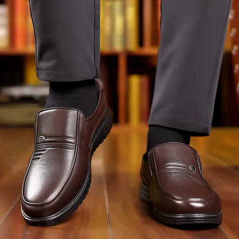 Men Business Casual First Layer Cowhide Loafers Lychee Texture Slip On Leather Dress Shoes Soft Breathable Non Slip Footwear