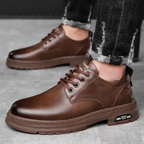 Men's Retro Business Casual Leather Shoes Lace Up Low Top Oxford Shoes Genuine Leather Comfortable Non Slip Rubber Sole Dress Shoes For Men