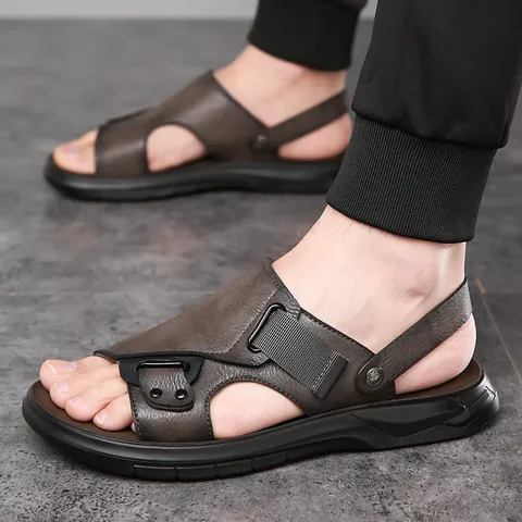 Sandalias de Cuero Casuales para Hombre de Doble Uso Pantuflas de Playa Suela Gruesa Cuero de Vaca Antideslizante Verano