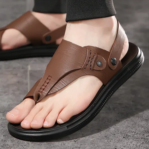 Herren Leder Strandsandalen Sommer Zwei-Wege Tragekomfort Flip-Flops Rindspaltleder Rutschfest Lässige Outdoor Slides Für Junge Männer